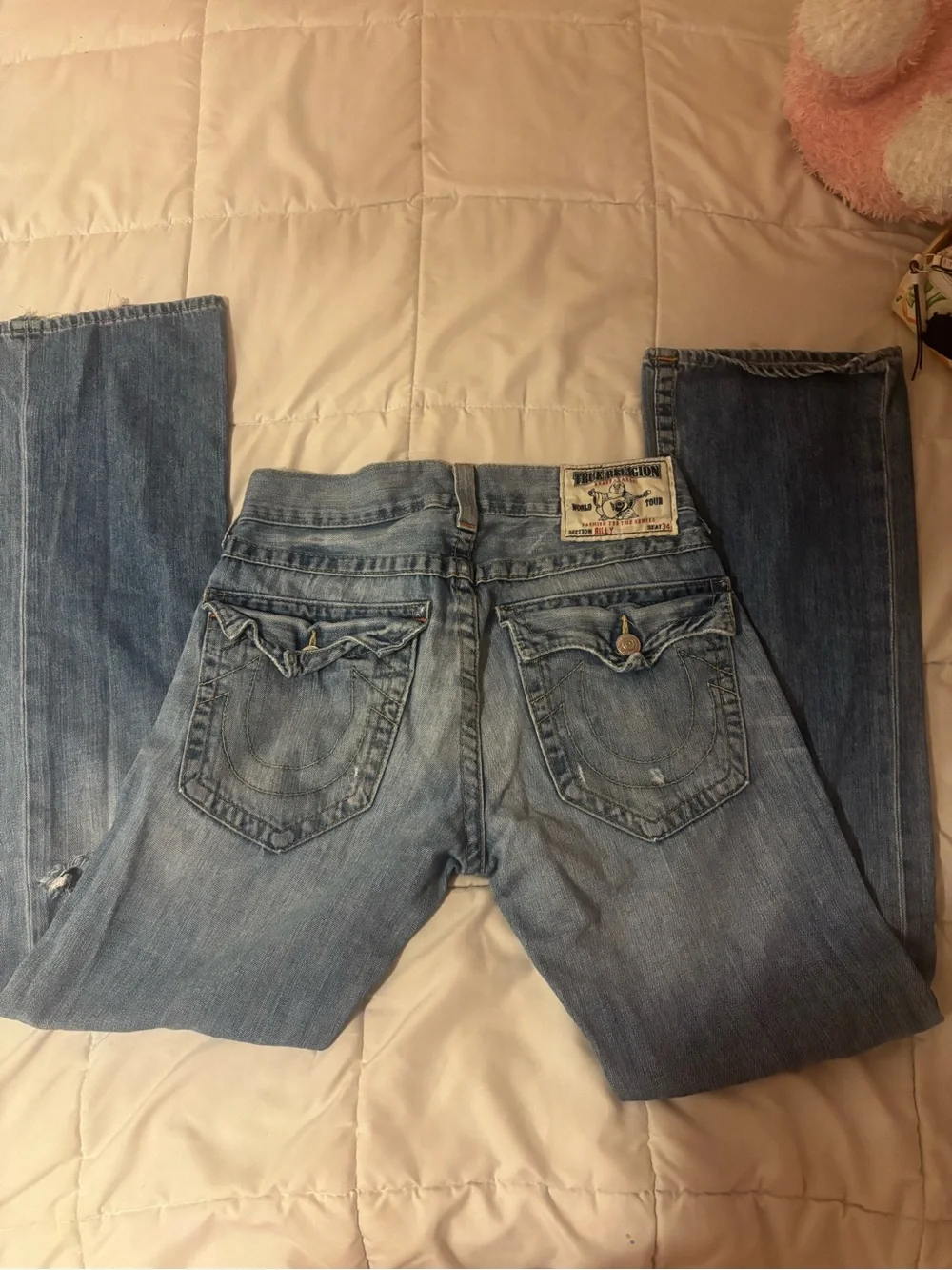 True Religion Women's Light Blue Flare Jeans with Distressed Knees
